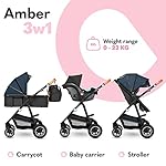 LIONELO Amber Kinderwagen 3 in 1 Kombikinderwagen Set sportlicher Sitz fester Babywanne Autositz Tasche Moskitonetz Regenschutz XXL-Dach mit Sonnenschutz (BLAU)