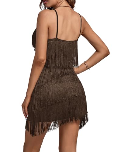 Image of Umenlele Women's Layered Fringe Deep V Neck Cami Mini Dress Sleeveless Tassels Flapper Dresses