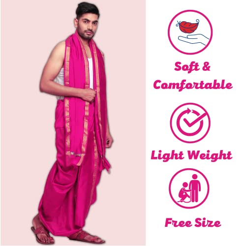 Image of Rameshwaram Fabrics Readymade Dhoti for Men, Velcro Style Stitched Mens Silk Dhoti Pant with Stole Set