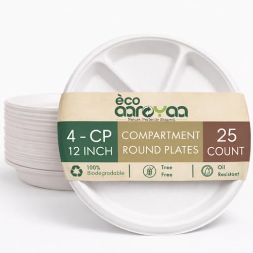 Image of Eco Aaroyaa Bagasse 12 Inch 4 Compartment Plates - Eco-Friendly Bagasse Disposable Plates - Strong Oil & Water Resistant Disposable Plates with Compartments for Parties, Catering & Events (Pack of 25)