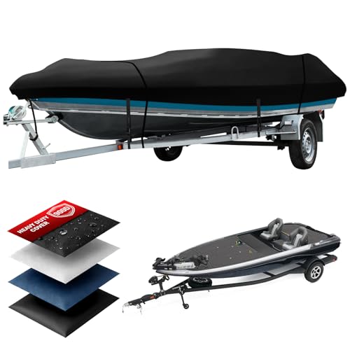 Heavy Duty Jon Boat Cover 12ft-14ft Marine Grade Waterproof Tarp Covers with Adjustable Windproof Tightening Strap & Anti-UV fit 12 13 14 Jon Boat/V-Hull/Fishing Boat