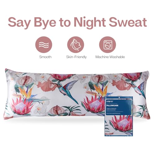 Image of MR&HM Satin Body Pillow Cover, Soft and Breathable Body Pillow Case with Envelope Closure, Cooling and Silky Long Pillowcase for Hair and Skin,Grey (20x54, Floral Bird)