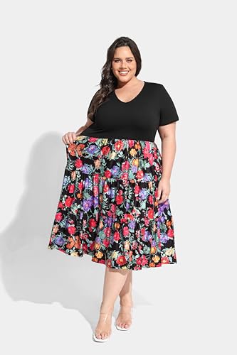 Image of CARCOS Plus Size Dresses for Women Summer Short Sleeve V Neck Patchwork Dresseses XL-5XL