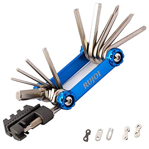 RUJOI Outil multifonction pour vélo avec kit d'outils de disjoncteur de chaîne Kit de réparation de pneus Kit d'outils de réparation de vélo avec clé Allen Torx Kit de réparation VTT