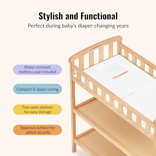 Dream On Me Emily Changing Table, Compact and Lightweight, Solid New Zealand Pinewood, Elevated Safety Rails, Two Storage Shelves, Includes Water-Resistant 1" Changing Pad — Natural by Dream On Me - Used condition - Image 5