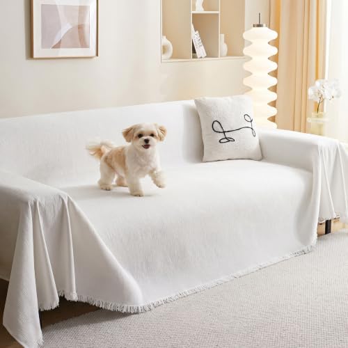MEETSKY Couch Cover for 3 Cushion Couch Sofa Furniture Protector Sofa Covers Chenille Sectional Couch Covers for Pets Oversized Couch Cover Recliner Sofa Love Seat Covers, 91" x 118", White