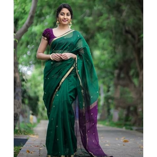 Image of Original Maheswari Cotton Silk Saree for Women | Kanjivaram Pure Silk Cotton Sari with Blouse | Zari Work | Tassels | Handloom Weave