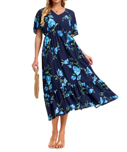 Image of Women's Summer Short Sleeve Maxi Floral Flowy Dresses with Pockets