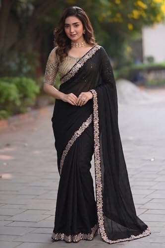 Image of Women's Designer Bollywood Soft Georgette Heavy Embroidery Sequins Work Sarees For Wedding With Blouse Piece
