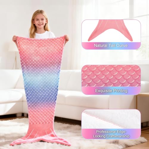 ABOHU Meerjungfrauen Schwanzdecke, weiche Flanelldecke, Meerjungfrauenflosse Mädchen, Plüsch Meerjungfrau Decke, 140×60cm tragbare Kuscheldecke für Kinder Geburtstag Weihnachten Geschenk
