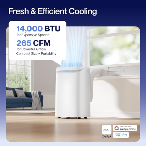 DELLA Sylro Series Smart Portable Air Conditioner, 14,000 BTU Drainage-Free Energy Efficient Cooling AC Units, 49dB Quiet for Bedroom, WiFi App/Voice/Remote Control, Fits 20.5"–67.3" Windows