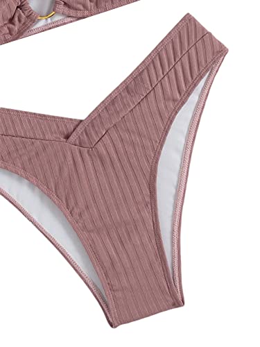 Shein Women's High Cut Swimsuit Triangle Ring Ruched Bikini Set Ribbed Knit Bathing Suit Pink Medium #TOP4