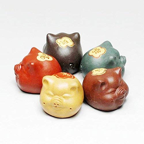 Yxhupot Yixing Tea Pet Chinese Zisha 5Pcs Pig Handmade Prosperity And Good Lucky Fengshui (5 Fu Color) #TOP2