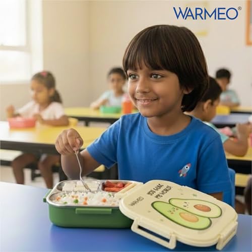 Image of WARMEO Jerry Insulated Lunch Box with Three Compartment BPA Free, Kids Lunch Box,Food Grade Ideal for School, Picnic, Office & Outdoor - 500ml Avocado, Stainless Steel