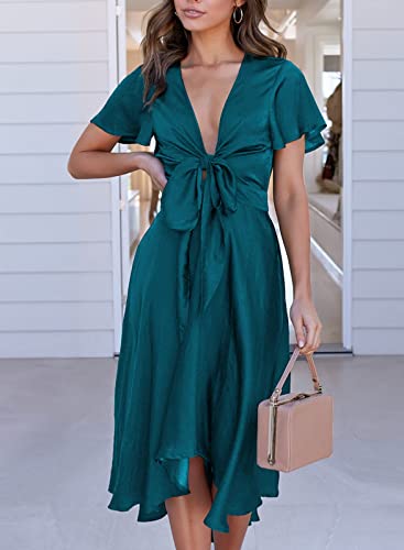 miduo Womens Satin V Neck Ruffle Short Sleeve Tie Front High Waist Midi A-Line Maxi Dresses3