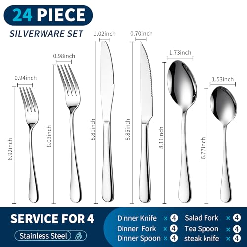 GPY 24-Piece Silverware Set with Steak Knives Nickel Free Cutlery Set for 4 — view 3