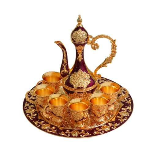 Bothyi Turkish Teapot Set Turkish Coffee Set,Luxury,with Pot Tray and 6 Cups,Metal Coffee Cup Set Teapot Set for Housewarming Party, purple