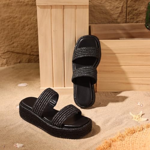 Image of Erocalli Platform Sandals Women Cute Wedge Espadrilles Slip on Summer Beach Raffia Vacation Sandal Comfortable Open Toe Dressy Shoes