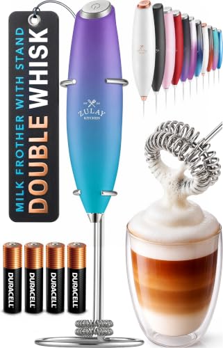 Image of Zulay Kitchen Powerful Milk Frother Wand With Duracell Batteries - Ultra Fast Handheld Drink Mixer - Electric Whisk Foam Maker for Coffee, Lattes, Cappuccino & Matcha - Double Whisk - Purple Teal Fade