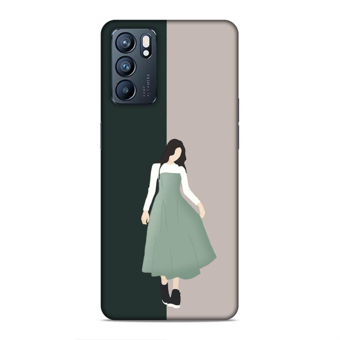 LETAPS® Printed Mobile Cover (Multicolour) Oppo Reno6 5G (Green Dress, Black Shoes, Girl Illustration Art - 1517)