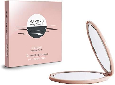 Magnifying Compact Mirror for Purses, 1x/10x Magnification – Double Sided Travel Makeup Mirror, 4 Inch Small Pocket or Purse Mirror. Distortion Free Folding Portable Compact Mirrors (Millennial Pink)