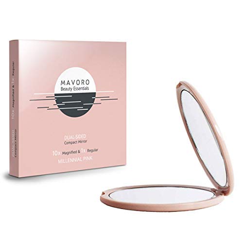 Magnifying Compact Mirror for Purses, 1x/10x Magnification – Double Sided Travel Makeup Mirror, 4 Inch Small Pocket or Purse Mirror. Distortion Free Folding Portable Compact Mirrors (Millennial Pink)