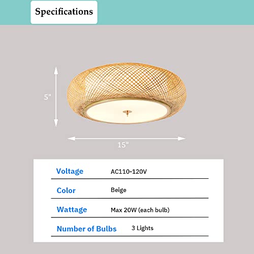 Aeyee Bamboo Flush Mount Ceiling Light Handwoven Rattan Light Fixture, 3 Lights Boho Ceiling Lamp For Bedroom, Entryway, Foyer (15-Inch) #TOP7
