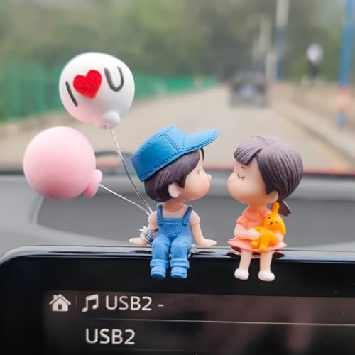 Image of Car Dashboard Couple Figurine with Balloon Decor - Silicone Cute Love Mini Statue Showpiece for Car Interior, Romantic Bobblehead Toy Gift Accessory for Couples, Dashboard Decoration
