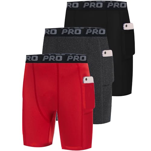 Youth Boys Football Compression Shorts with Pockets Running Athletic Underwear Soccer Performance Base Layer