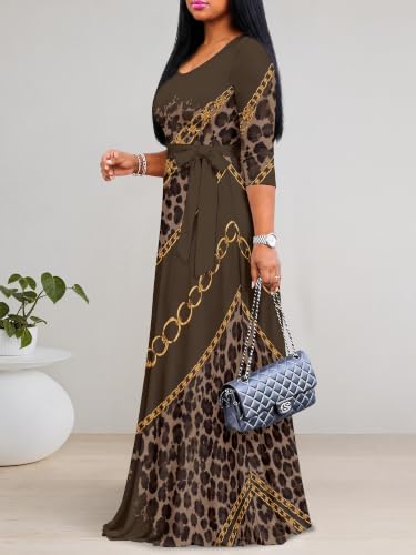 Image of PinkPatty Plus Size Maxi Dress for Women Casual V Neck 3 /4 Sleeve Boho Printed Long Dress with Pockets