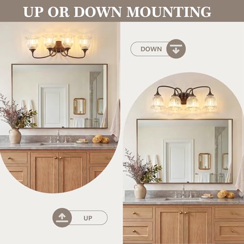 Image of Oil Rubbed Bronze 4-Light Bathroom Light Fixtures with Floral Glass Shade | Vintage Vanity Lights Wall Sconces Over Mirror for Bathroom Powder Room