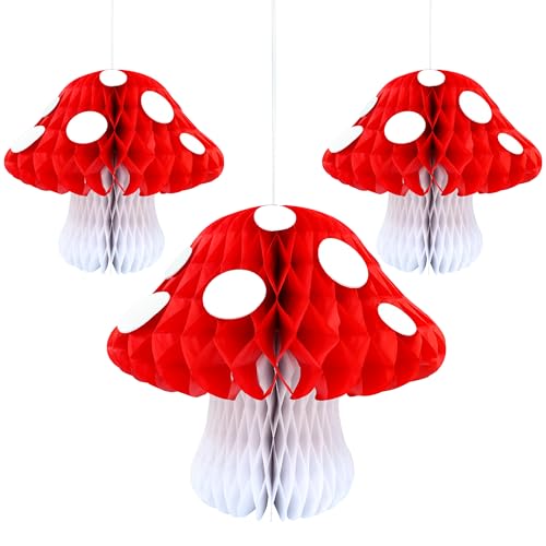 Gyufise 3 Pack Mushroom Shaped Honeycomb Paper Lanterns Mushroom Party Decorations Mushroom Honeycomb Balls Decorations Centerpieces for Birthday Party Garden Room Decor