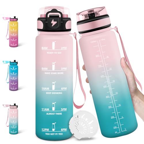 Motswedi Gourde, 1000ml Sans BPA, Gourde Plastique, Conception de Verrouillage Anti-Fuite, Bouteille, Avec Horodatage, Bouteille Motivation pour Sports, Camping, Cuisine...