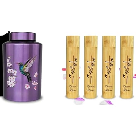 220 lbs Hummingbird Large Cremation Urns and 4 Small Bamboo Scattering Urns for Adult Male Female Human Ashes, Decorative Urn and Spreading Ashes Urn Tube with Velvet Bag(Hummingbird) Cover