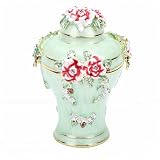 Bamjour Joyero Esmaltado en Forma de Jarrón, Organizador de Joyas, Joyero con Flores en Relieve 3D, Diamantes de Imitación, Adornos Dorados para Anillos, Pendientes, Collares, Regalos (GREEN)