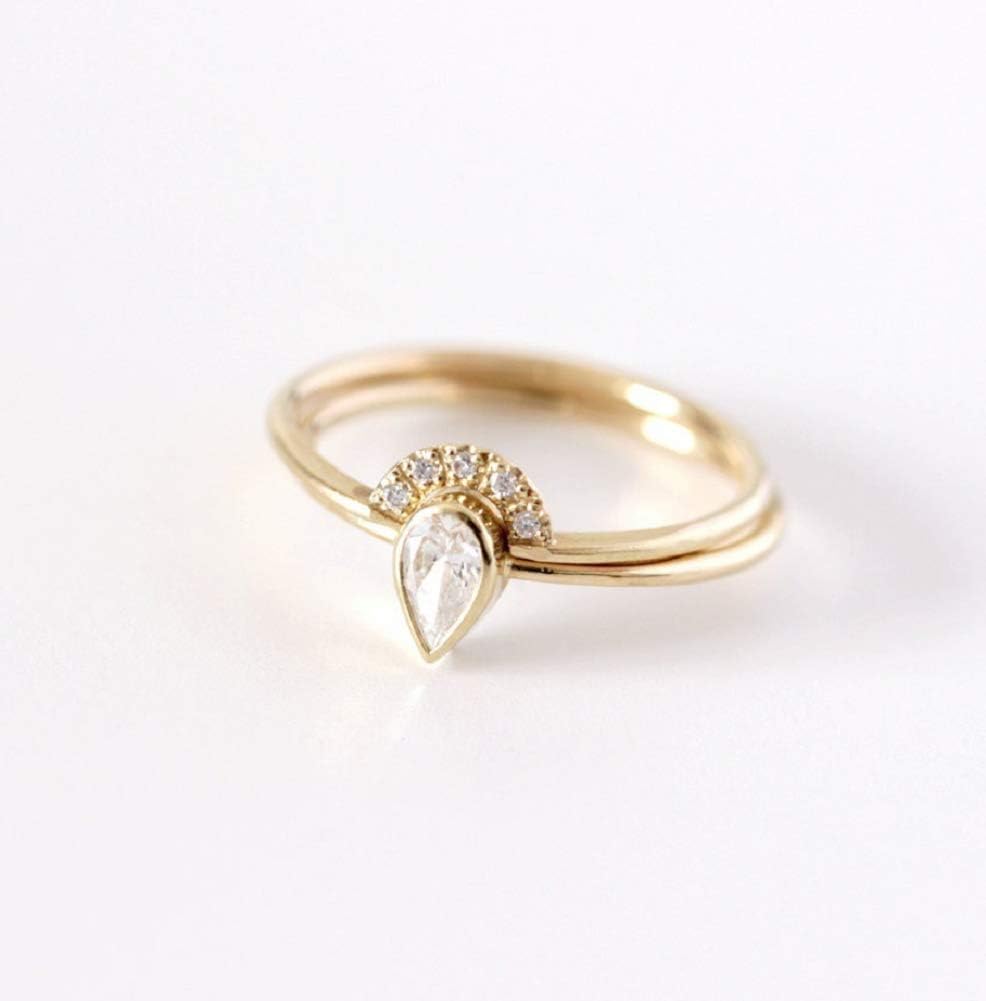 Xiaomei 14k Yellow Gold Teardrop Halo Pear Cut 0.2ct Cubic Zirconia Pear-Shaped Diamond Ring Set CZ Solitaire Engagement Ring Size 6-10 (US 10)