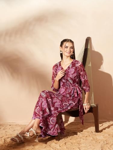 Image of Miss Chase Women's Multicolored Black Floral V-Neck 3 /4 Sleeve Wrap Chiffon Midi Dress