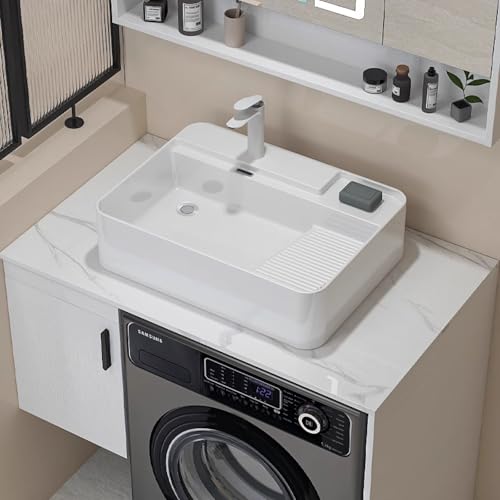 Lavabo De Baño Rectangular De Cerámica Con Encimera Y Grifo, Lavabo Artístico For Sobre Encimera, For Balcón, Lavadora(White A,Left drainage)