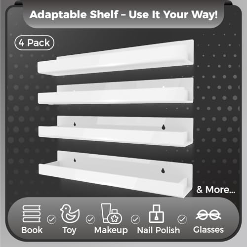 Image of 4 Pack 15 Inch White Acrylic Floating Wall Shelves, Kids Bookshelf