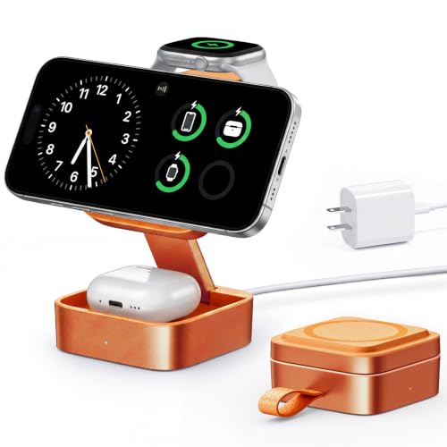 3 in 1 Wireless Charging Station for Apple Devices, Magnetic Foldable Fast Charger Stand Compatible with MagSafe for iPhone 18/Air/17/16/15/14/13/12 Series, Apple Watch & AirPods Pro/4/3/2-Orange
