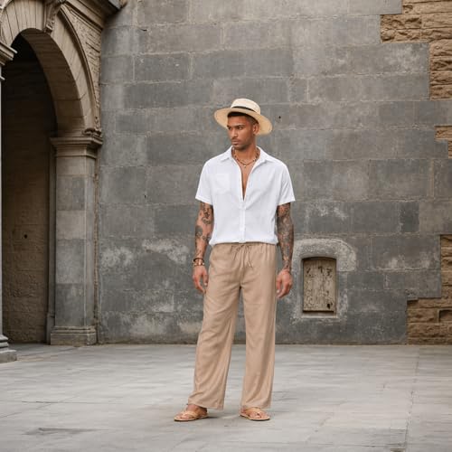 Image of CB-COLEBROOK Mens Casual Linen | Elastic Waist | Drawstring Summer Beach Yoga Linen Trouser | Loose Fit Pyjama Pants for Man