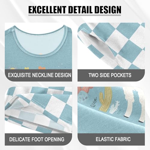 Checkerboard Plaid Llama Cacti Blue Pajama Set Short Sleeve PJS 2 Piece Summer Pajamas Shorts Sets Cotton 5Y4