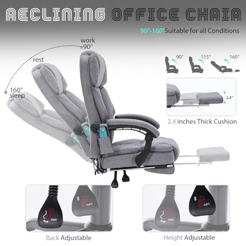 Image of Massage Office Chair with Foot Rest 6 Points Vibration and Heat Home Office Desk Chairs for Heavy People 400lbs Reclining Managerial Chairs Ergonomic Executive Chair (Grey)