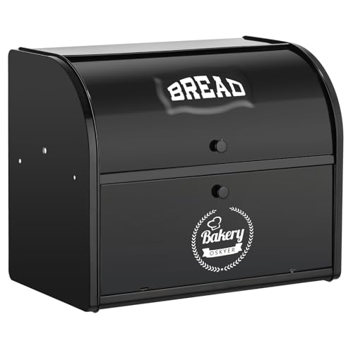 Dyserbuy Bread Bin, Bread Bins for Kitchen, Large Bread Box with Roll Top Lid, Double Metal Bread Container, Storage Bin for Fresh Loaves, Cookies, Pastries 40 x 32 x 24 cm (Black)