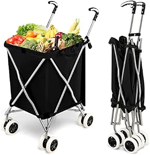 TANGZON 90L 8-Wheel Folding Shopping Trolley, Extra Large Lightweight Shopping Cart with Easy-Grip Handles, Steel Frame Push/Pull Utility Carts for Mobility (Black)