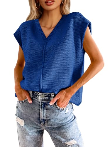 Image of Saodimallsu Women's V Neck Cap Sleeve Lightweight Knit Sweater Top