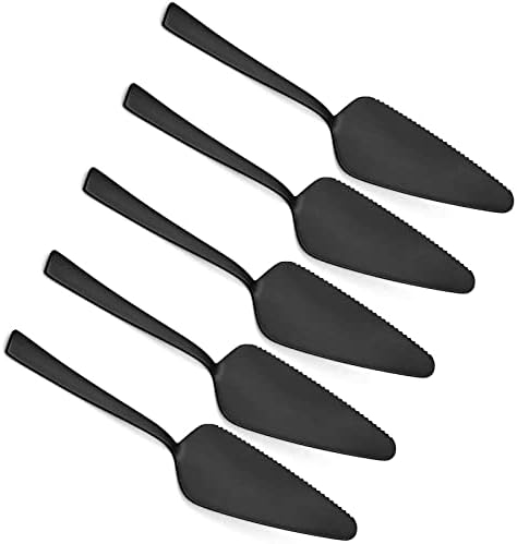 Matte Black Pie Server Set of 5, E-far 8.9 Inch Stainless Steel Cake Server Cutter for Pastry Cheese Pizza, Serrated Edge with Square Handle, Dishwasher Safe