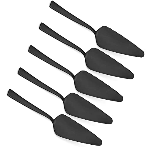 Matte Black Pie Server Set Of 5, E-Far 8.9 Inch Stainless Steel Cake Server Cutter For Pastry Cheese Pizza, Serrated Edge With Square Handle, Dishwasher Safe #TOP16