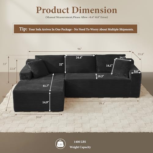 Image of 96 inch Sectional Couches for Living Room Cloud Couch Sofa with L-Shape Upholstered Boneless Couchs Modern Modular Sectional Couch with Chaise (Black, 95 inch W+Left Facing Chaise+2Seaters)