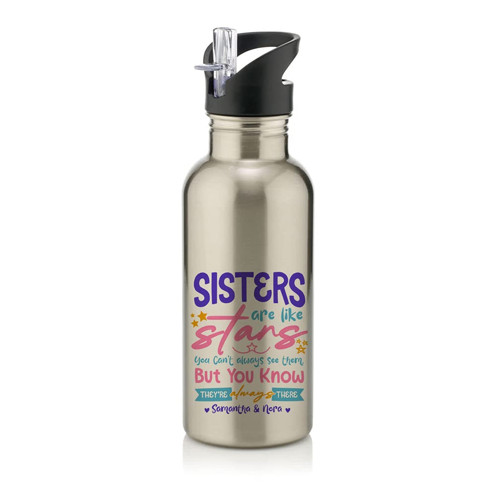 Personalised Sisters Are Like Stars ANY NAME, Birthday Gifts for Her, Women, Friends Female, Sister, Bestie, BFF Gifts Stainless Steel 600ml Water Bottle with Straw. (Silver)